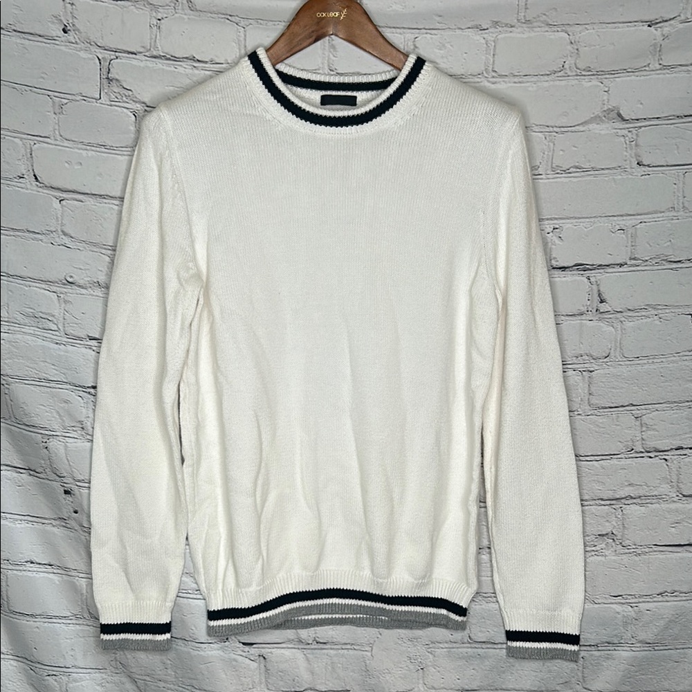 Anthony Thomas Melillo White Black Gray Trim Crew Neck Knit Sweater Size Small